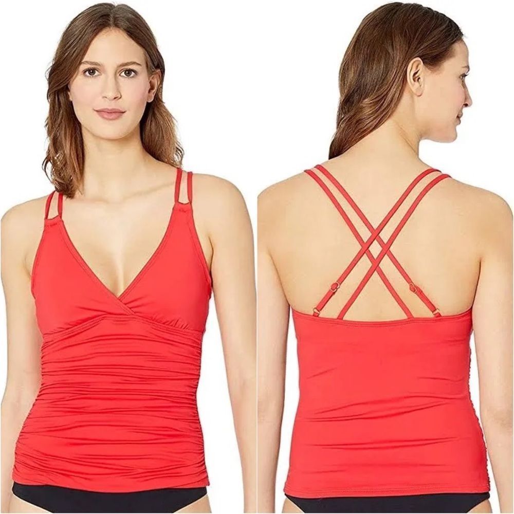 La Blanca Red Ruched Tankini Swim Top